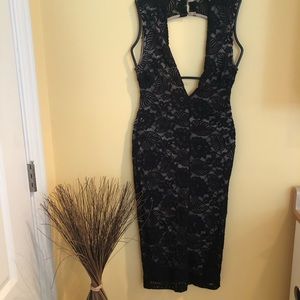 Lace open back deep V cleavage dress